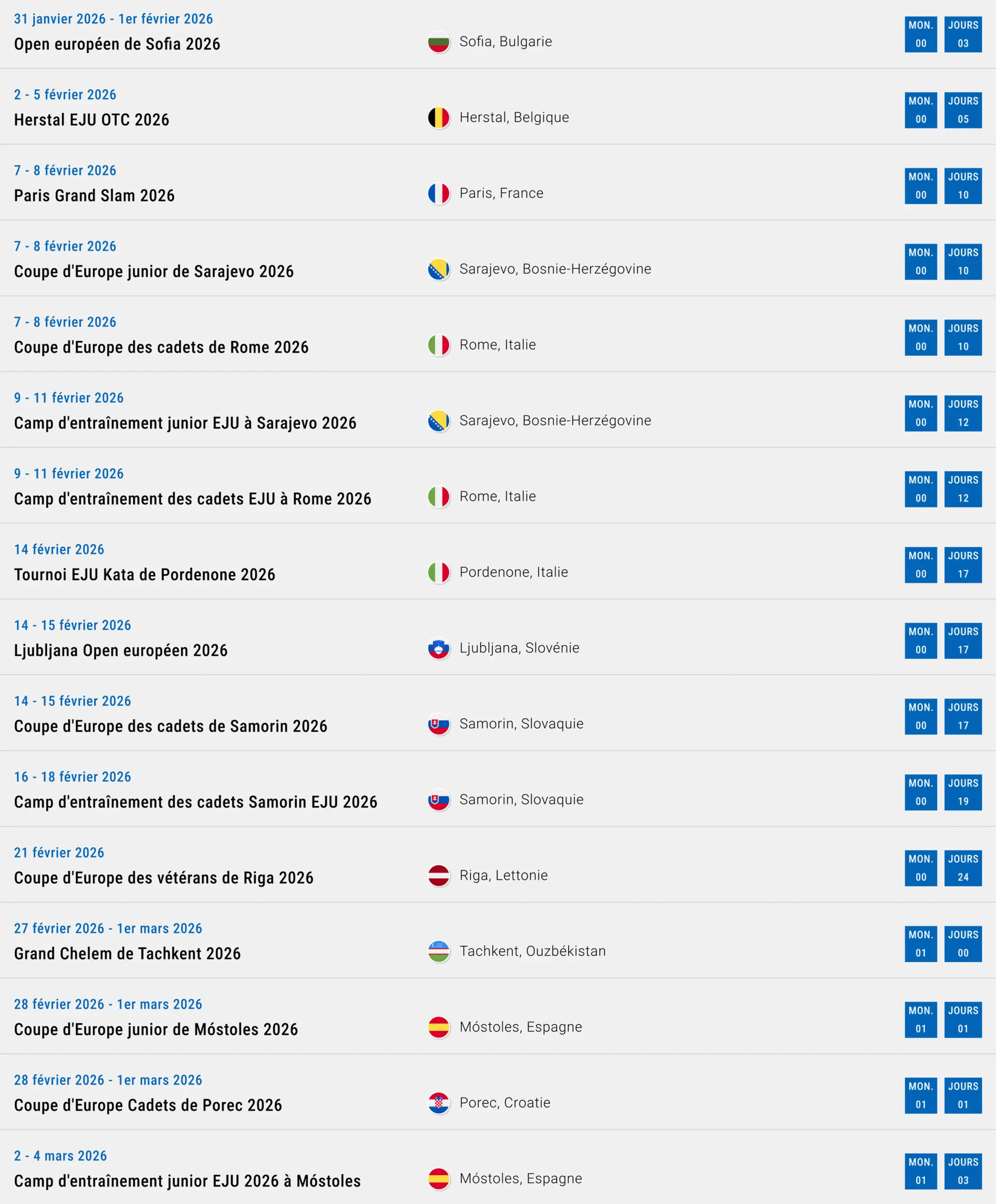 Calendrier des compétitions de judo en 2026 en Europe et en Asie. Les lieux comprennent Sofia, Paris, Rome, Ljubljana et Tachkent, avec les dates et les drapeaux des pays.