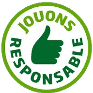 Logo circulaire avec une icône verte représentant un pouce levé au centre. Entouré du texte français « JOUONS RESPONSABLE » sur fond blanc