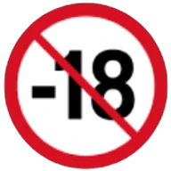 Un cercle rouge avec une ligne diagonale barre le chiffre 18, sur fond noir, indiquant une restriction de contenu pour les moins de 18 ans